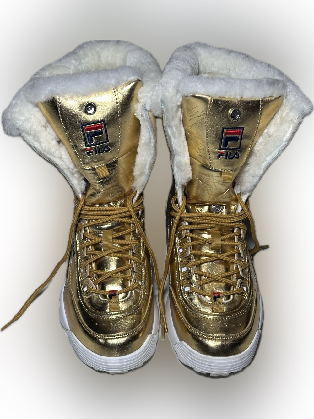 FILA Gold Metallic Shearling Lace-Up Sneakers